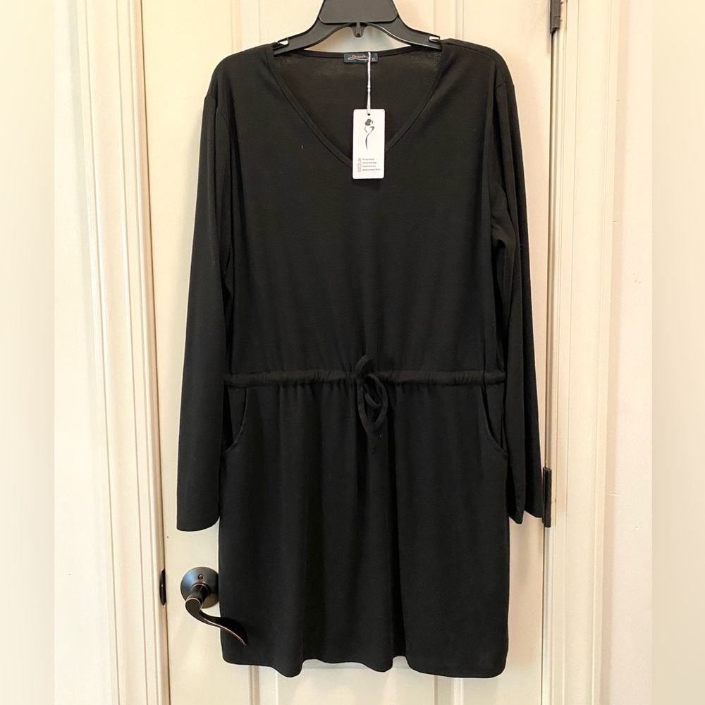 Basic black v neck knit dress drawstring waist pockets at hips P2P apx 23” NWT